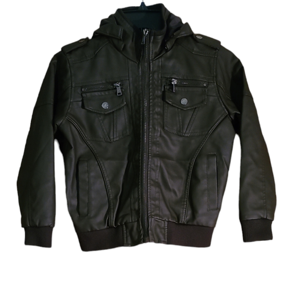NWT American Culture Boys Vegan Leather Bomber Motto Zip Jacket w Hood Sz 7